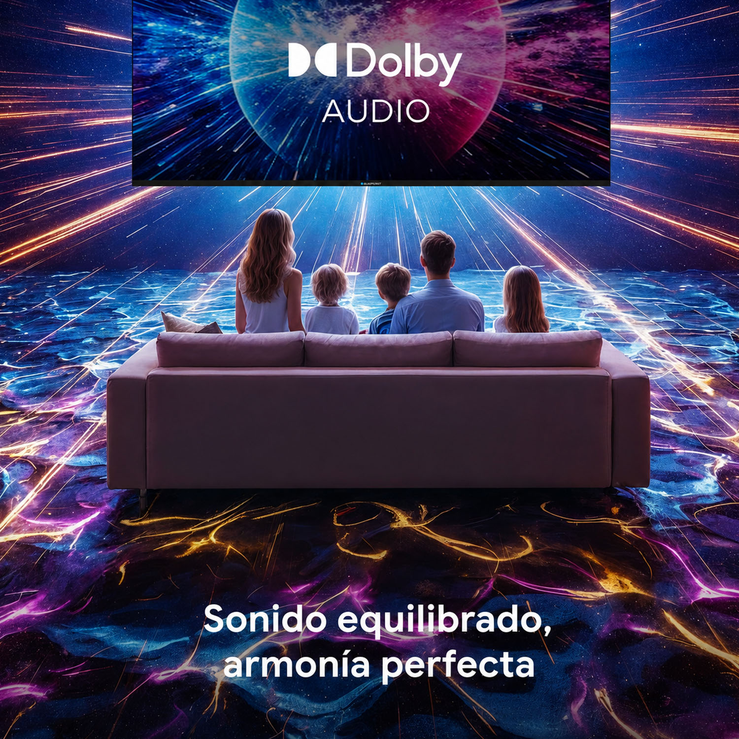 Familia ve Dolby Audio en pantalla flotando sobre suelo espacial con rayas de luz.