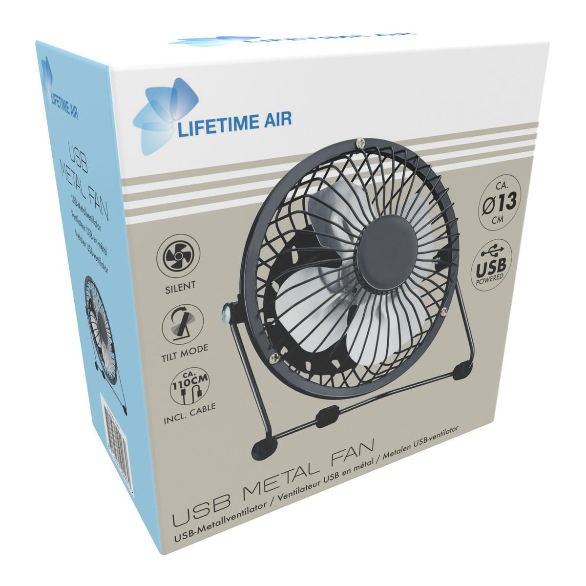 Un ventilateur métallique USB noir avec des pales blanches repose sur son support sur une boîte.