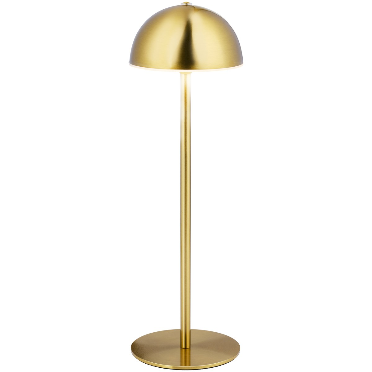 A gold floor lamp with a round base and a dome-shaped lampshade.