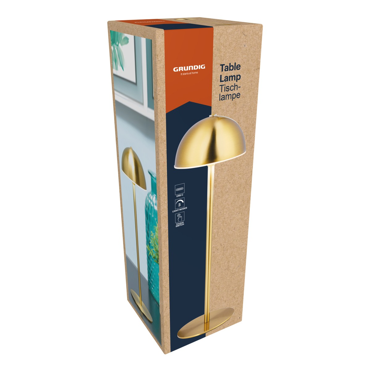 Packaging of a gold table lamp with USB-C, 3 light modes, and touch switch.