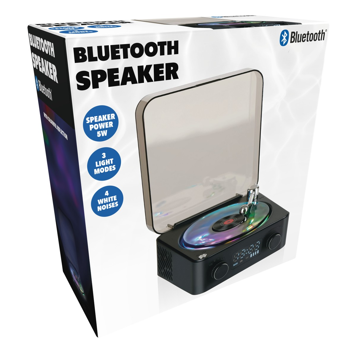 Box of a black Bluetooth speaker with a vintage record player design, showing 5W power, 3 light modes.