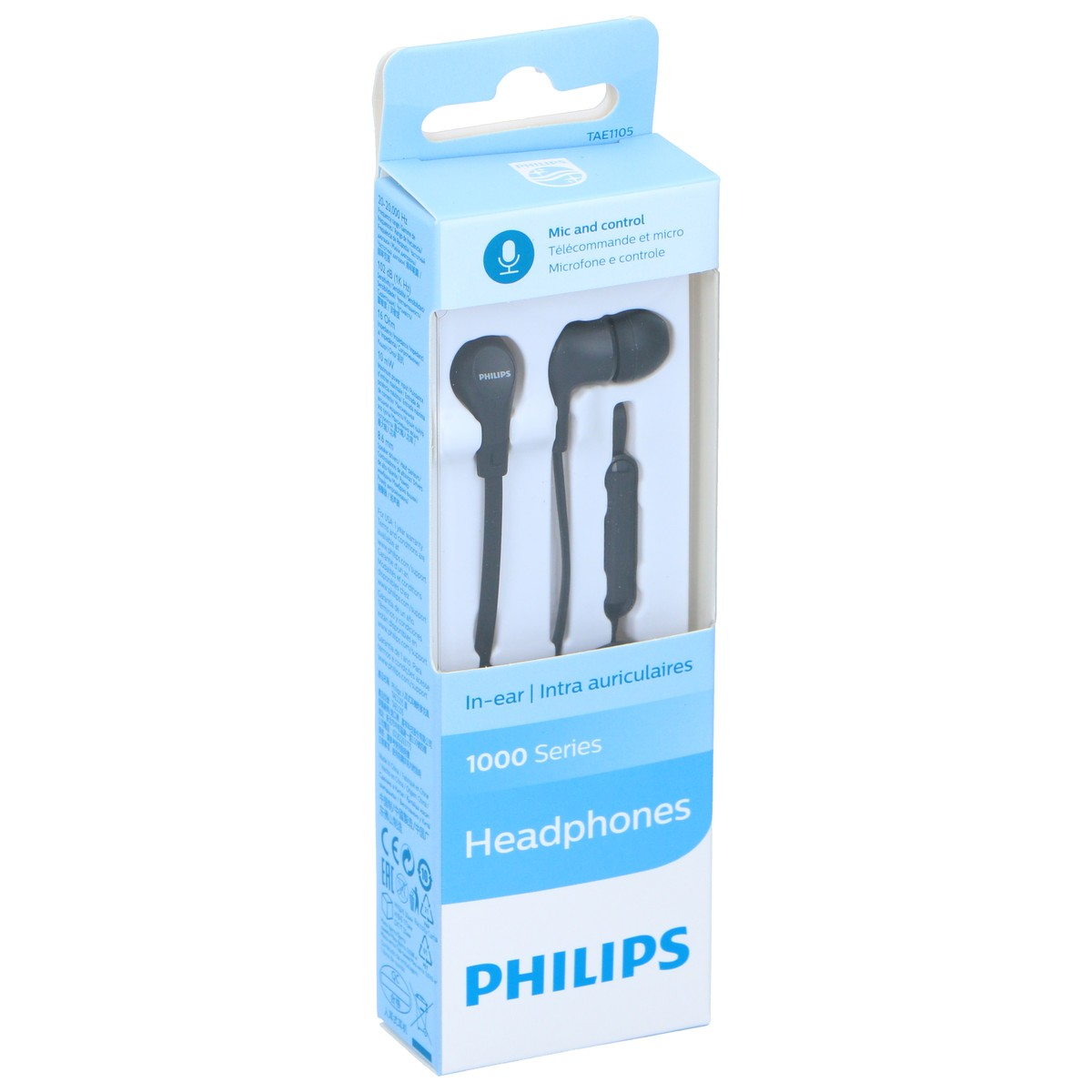 Cuffie in-ear Philips nere confezionate con microfono e controllo.