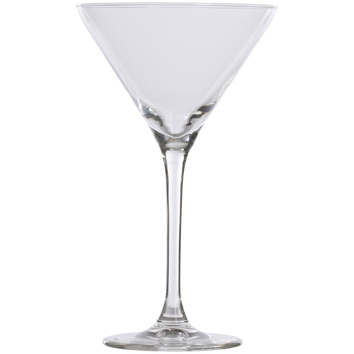 An empty, clear martini glass on a white background.