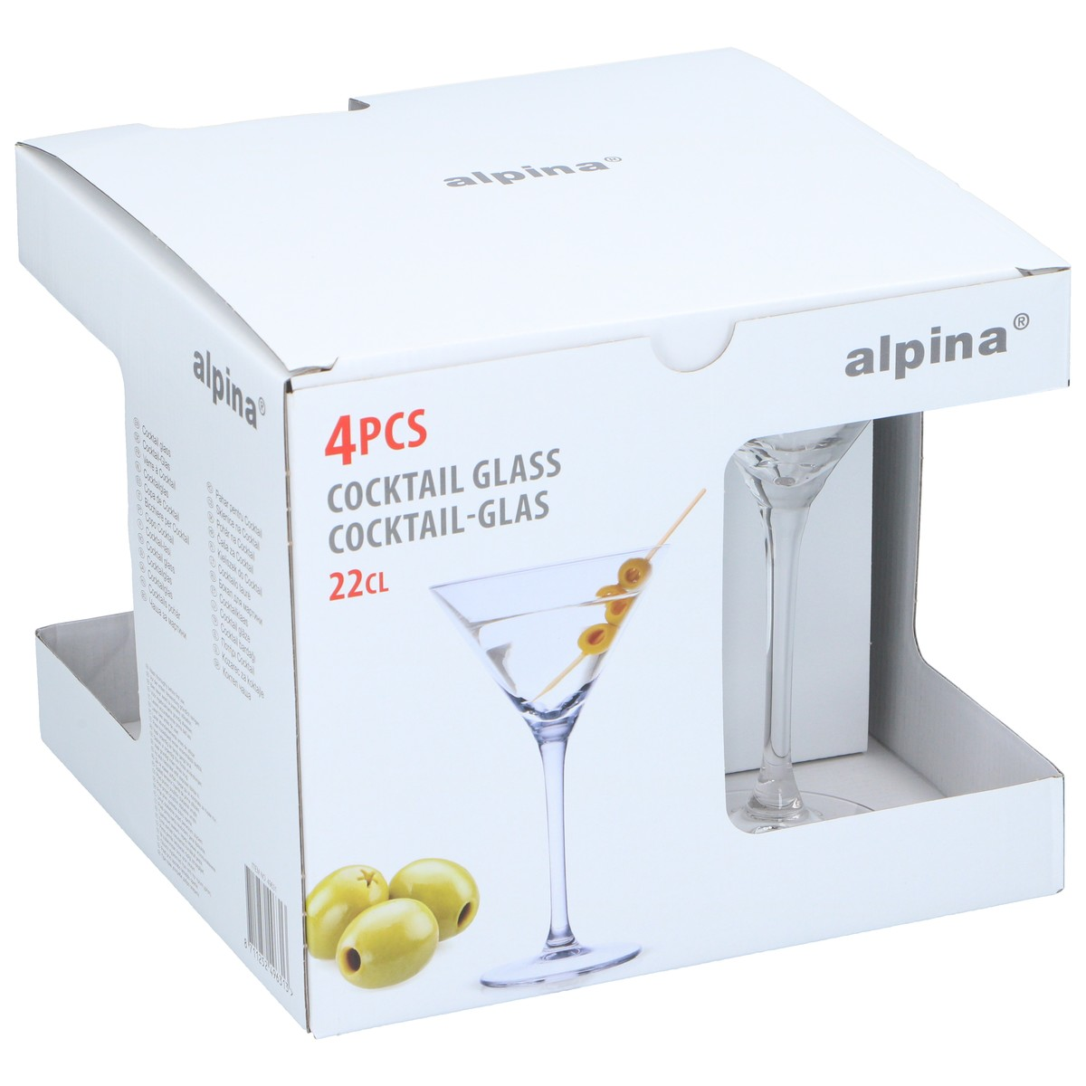 Box for 4 cocktail glasses with text and image of a glass.
