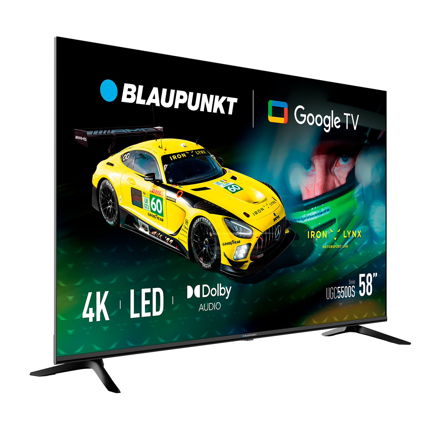 Un televisor LED 4K de 58 pulgadas Blaupunkt muestra un coche de carreras amarillo y casco.