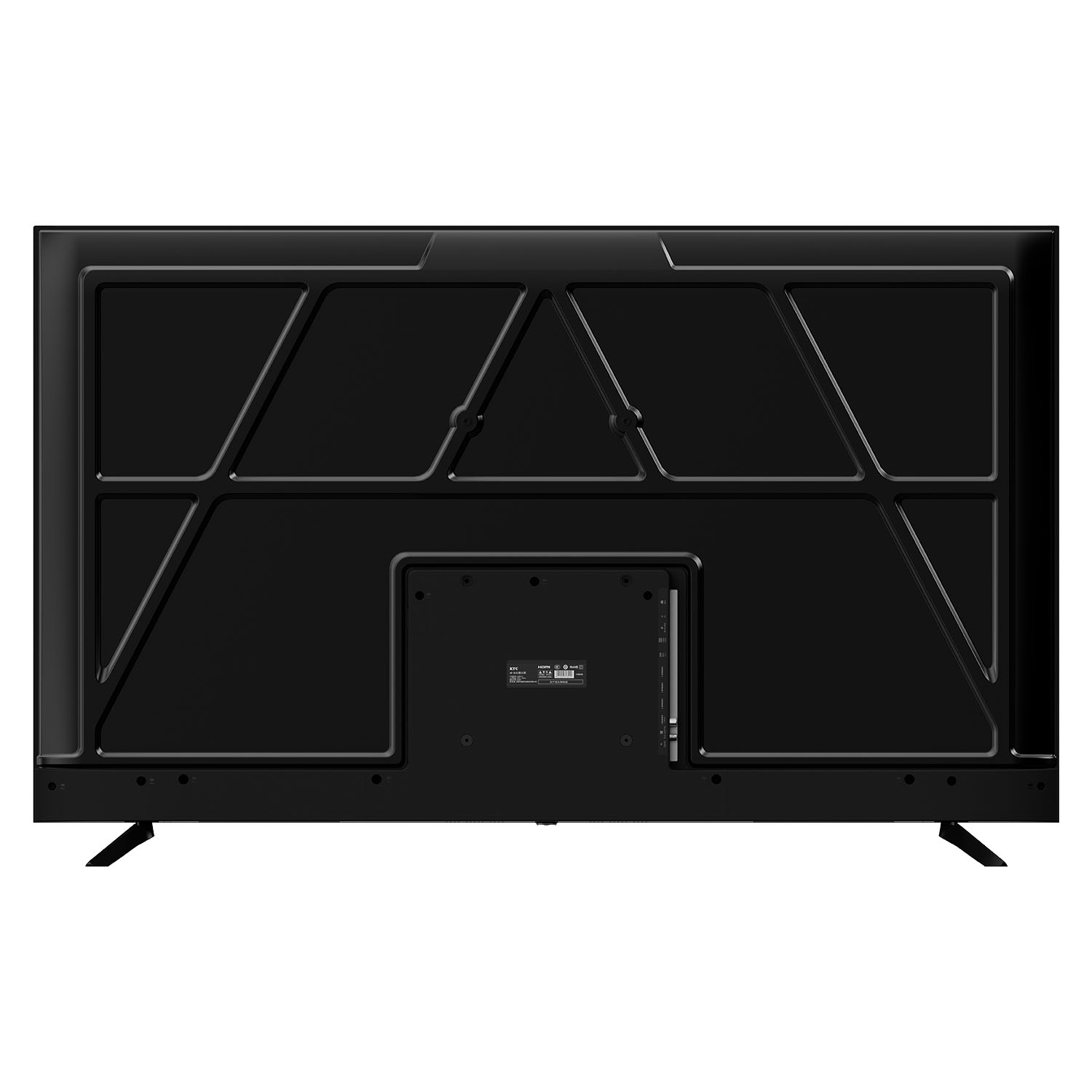 Vista trasera de un televisor negro con soporte y puertos.