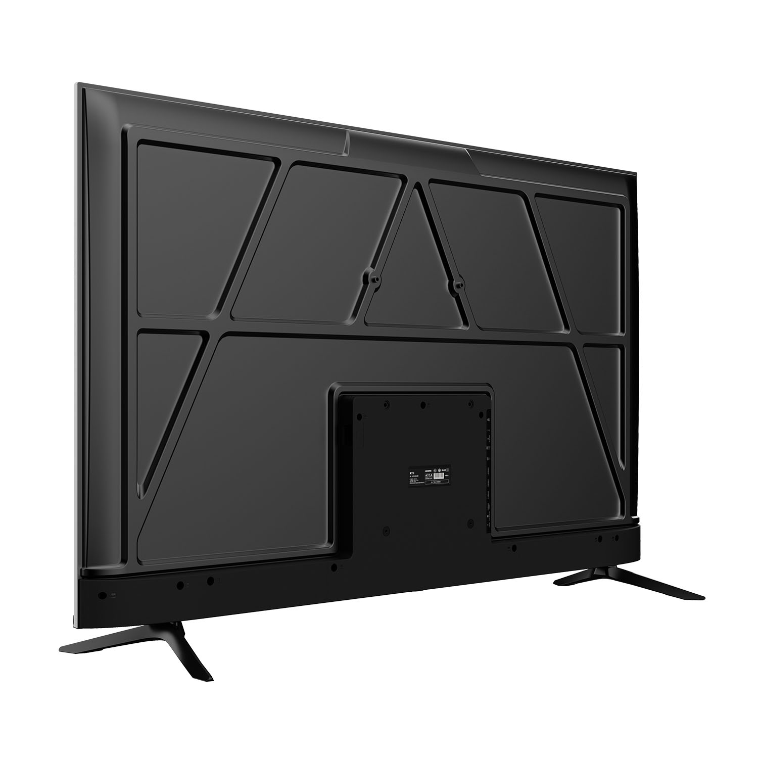 Parte trasera de un televisor negro con dos soportes, fondo blanco.