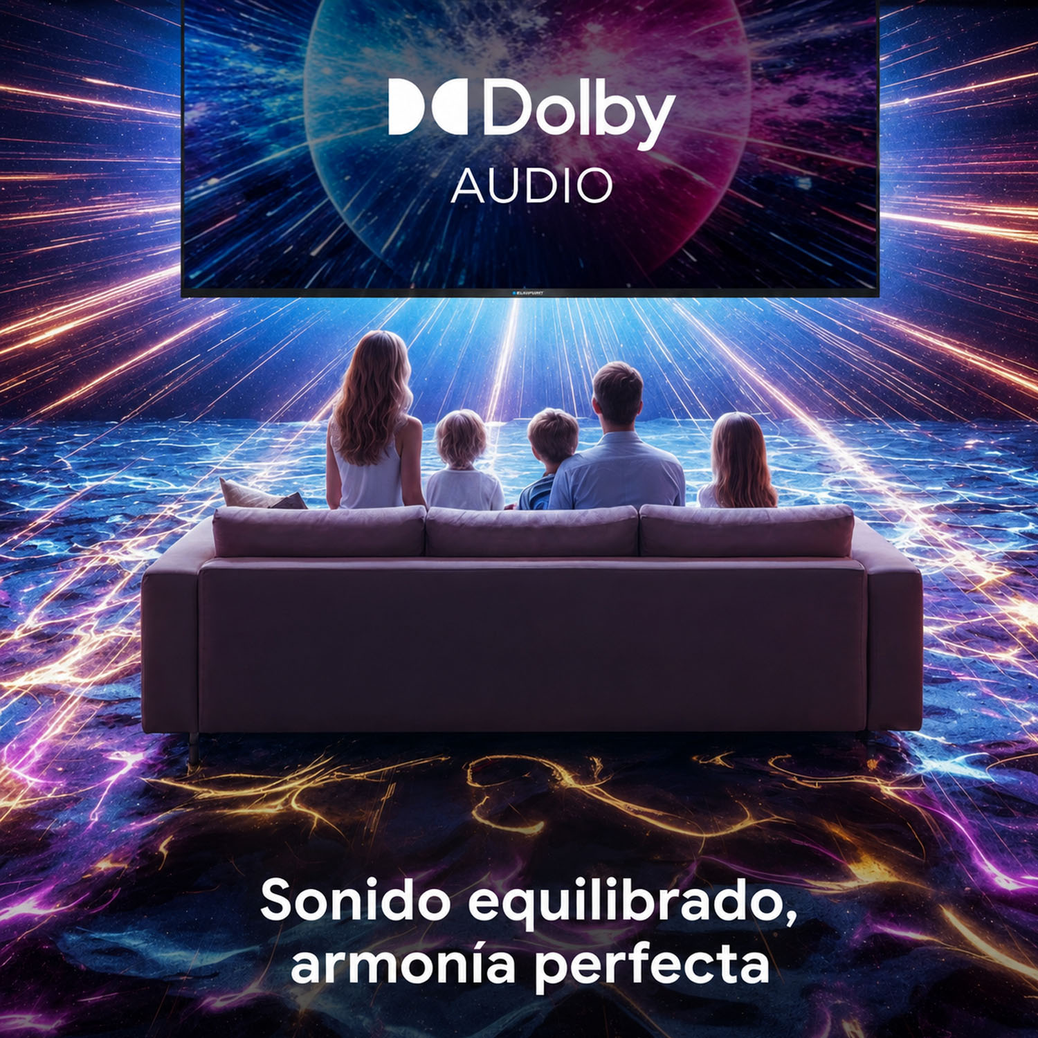 Familia mira TV con logo Dolby Audio en un entorno cósmico.