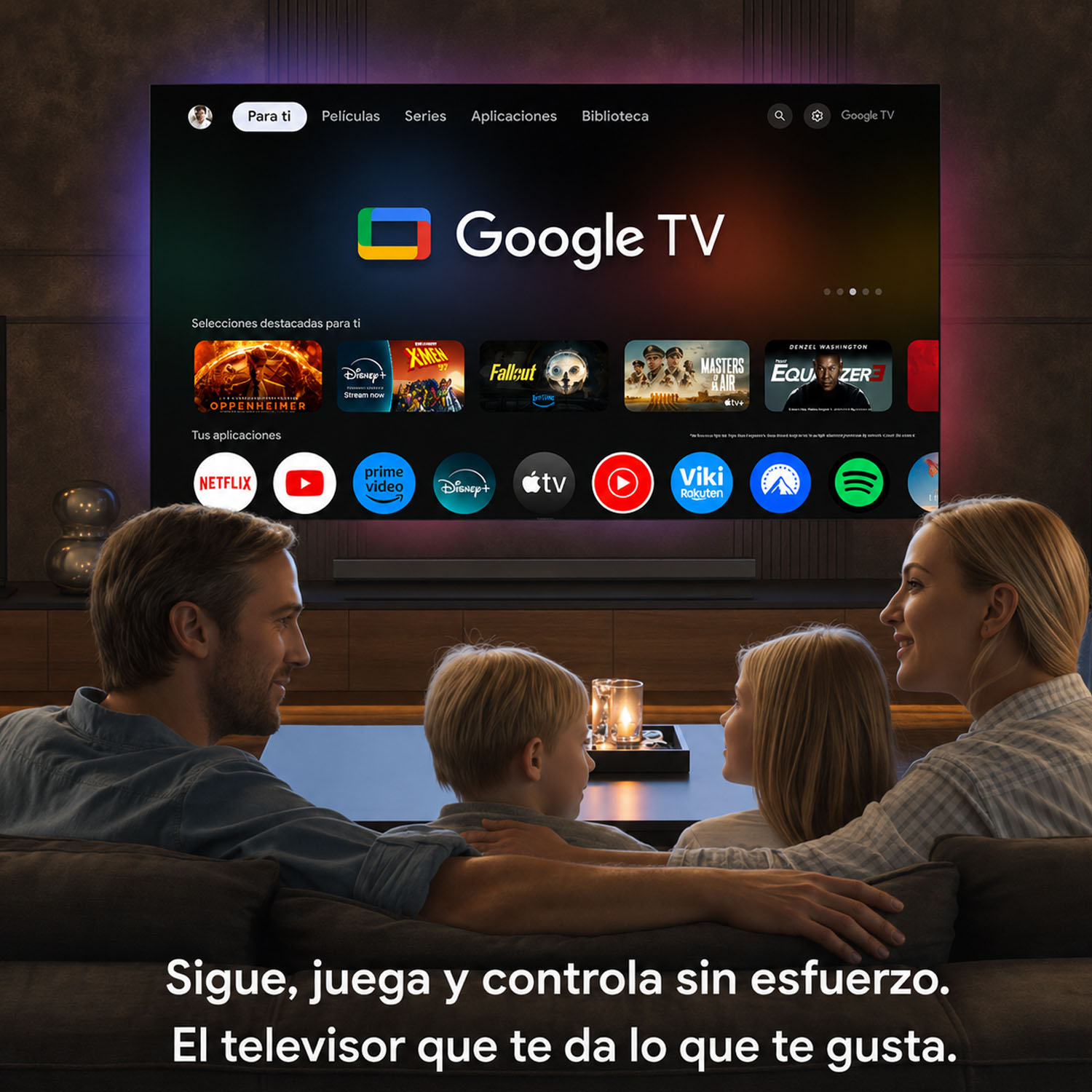 Una familia sentada en un sofá mirando una pantalla de Google TV con aplicaciones.
