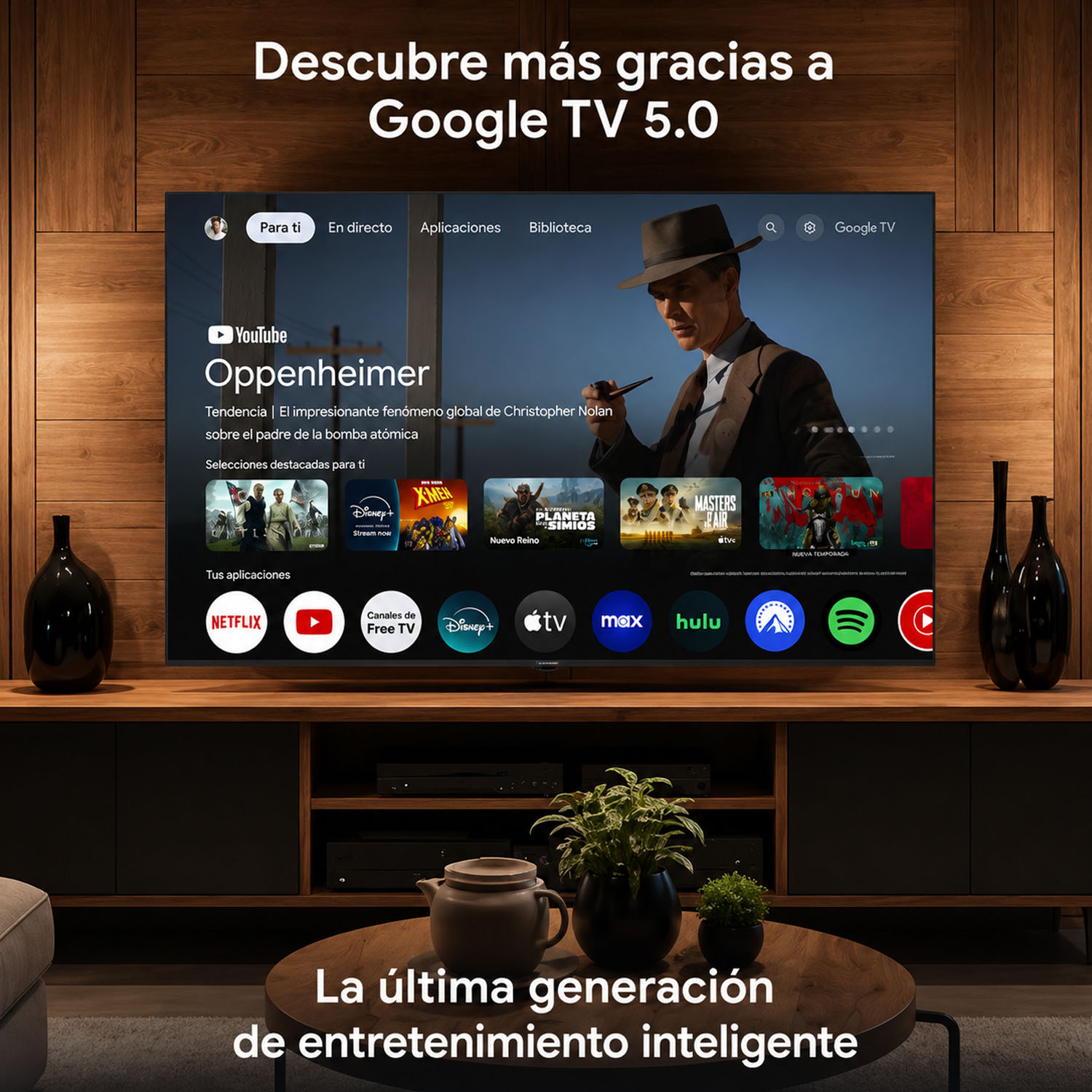 Una pantalla de TV muestra la interfaz de Google TV 5.0 con Oppenheimer e iconos de apps.