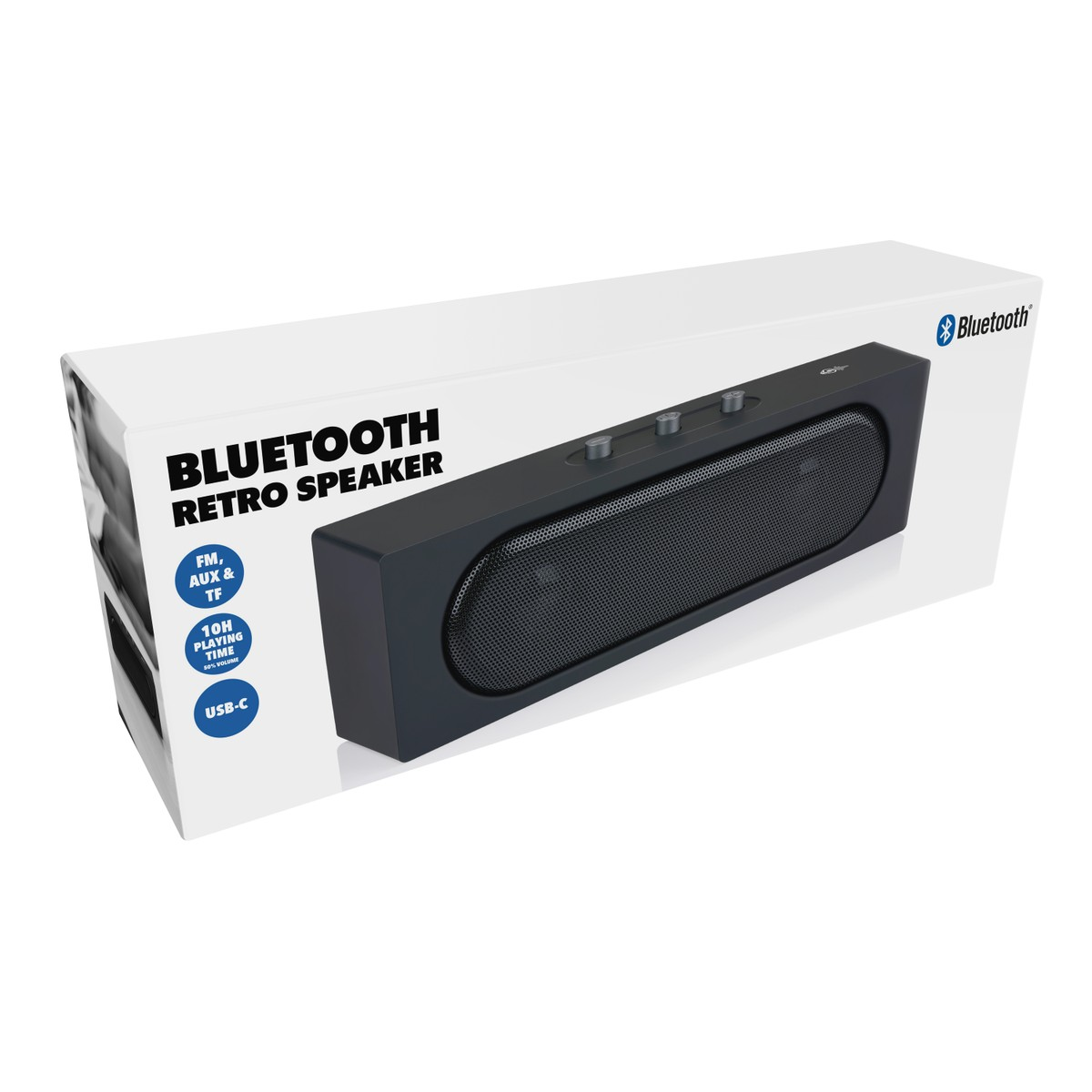 Black Bluetooth retro speaker on white packaging with labels.