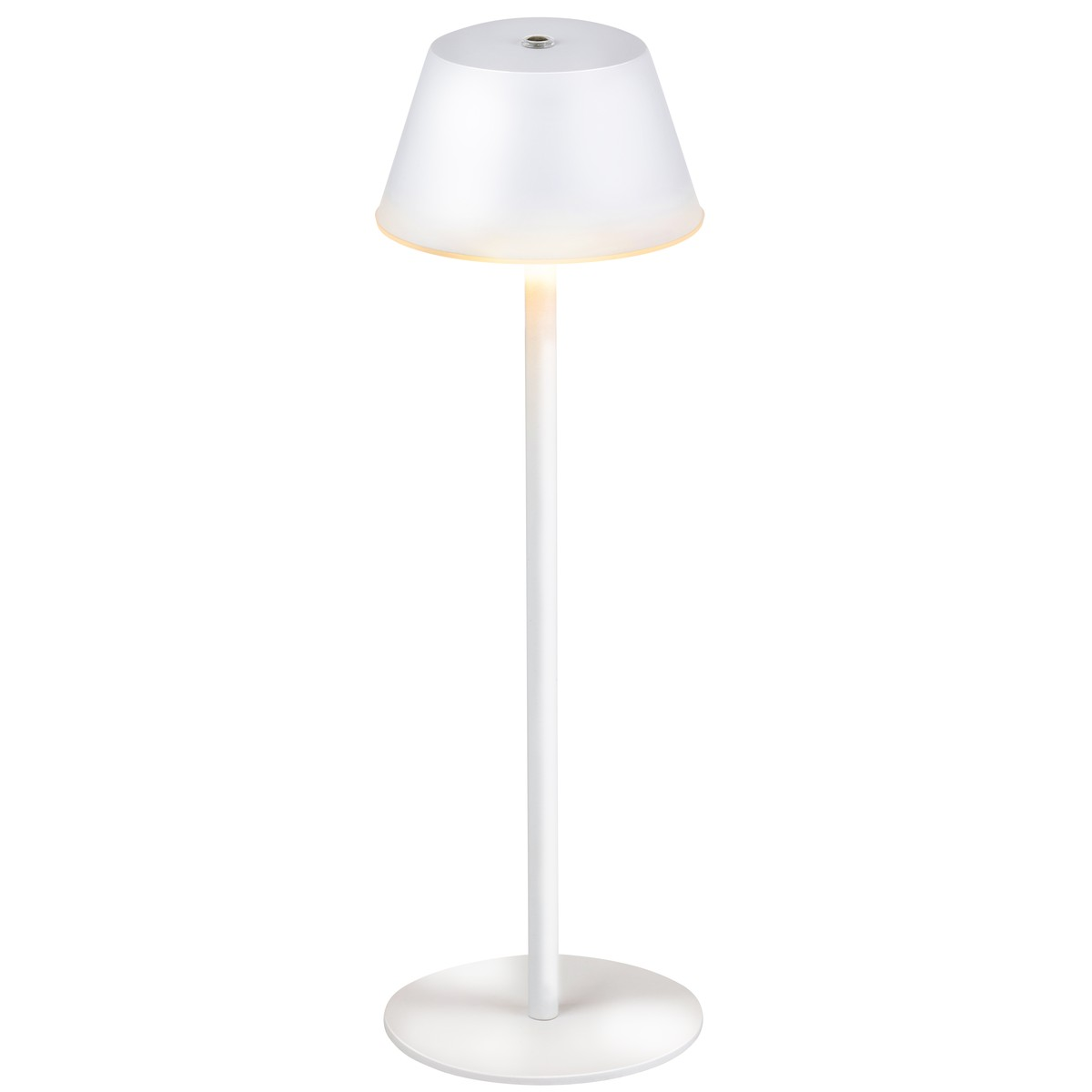 A white floor lamp with a round base and a conical shade.