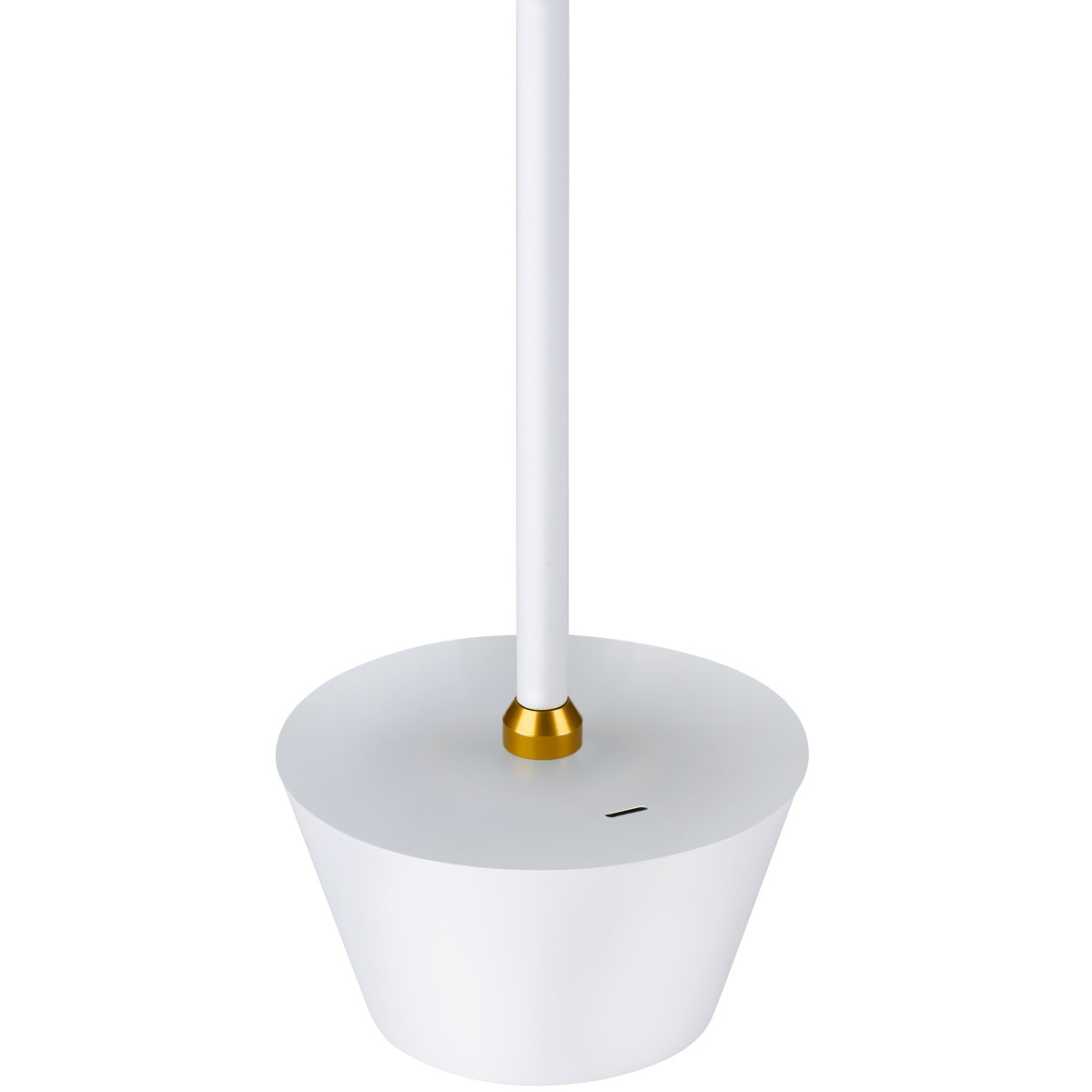 A white lamp with a gold neck on a white base.