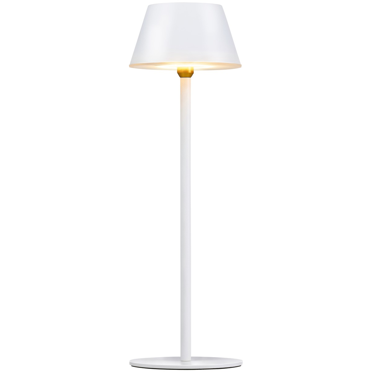 A white floor lamp with a cone-shaped shade and a straight stand on a round base.