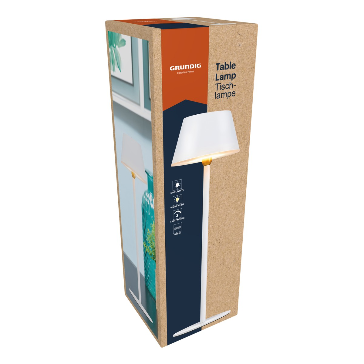 White Grundig table lamp box with image of lamp, showing cool/warm white & 3 light modes.