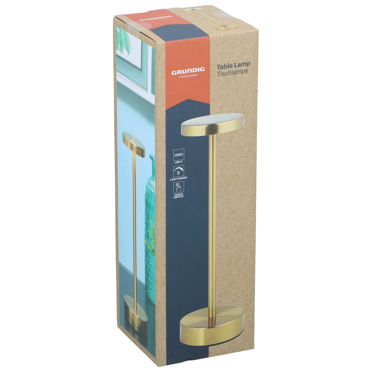 Verpackung einer goldenen Tischlampe mit USB-C und Touch-Schalter.