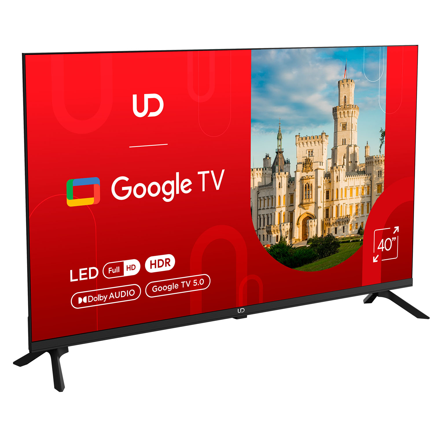 Un televisor de pantalla plana de 40 pulgadas con Google TV, muestra un castillo y "Google TV".