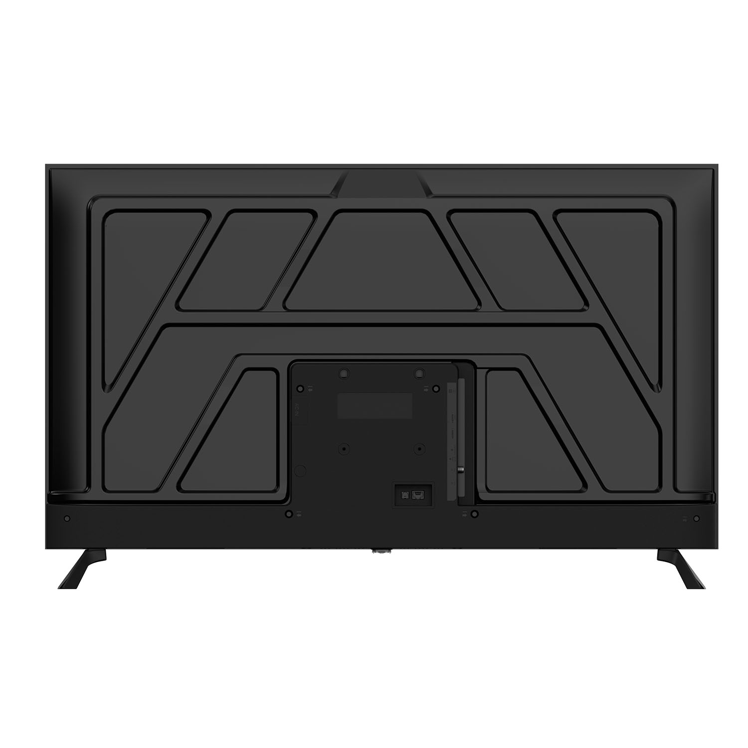 Vista trasera de un televisor negro con puertos y soporte.