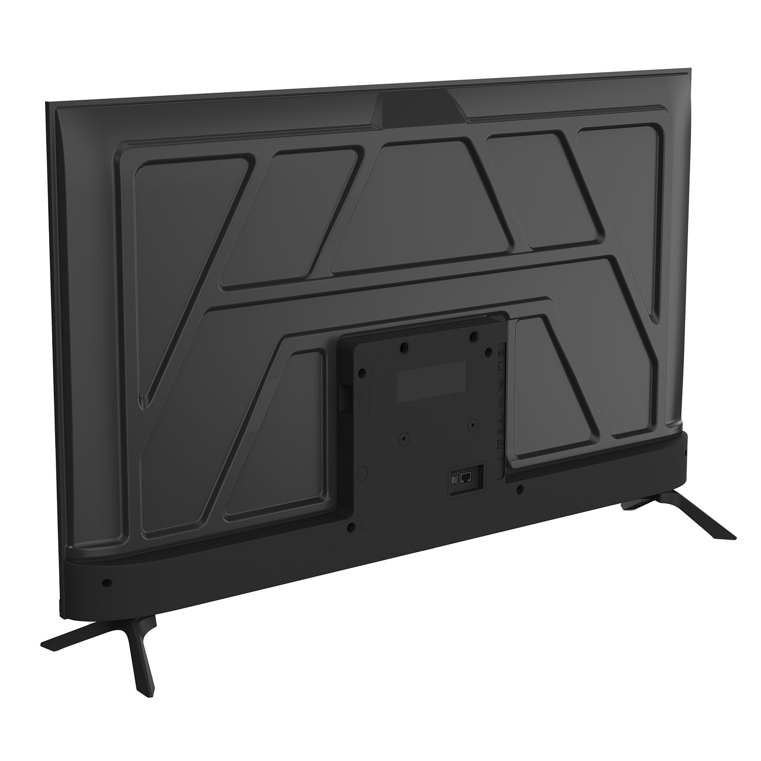 Vista trasera de un televisor negro con dos patas plateadas y varios puertos en la parte trasera.