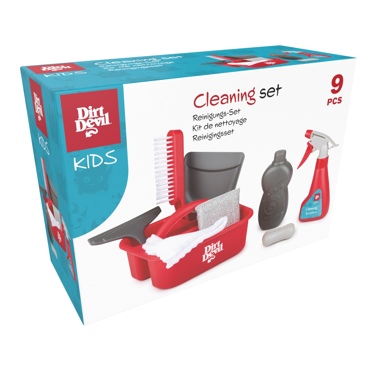 A red children's cleaning set includes a brush, dustpan, cloth, and spray bottle.