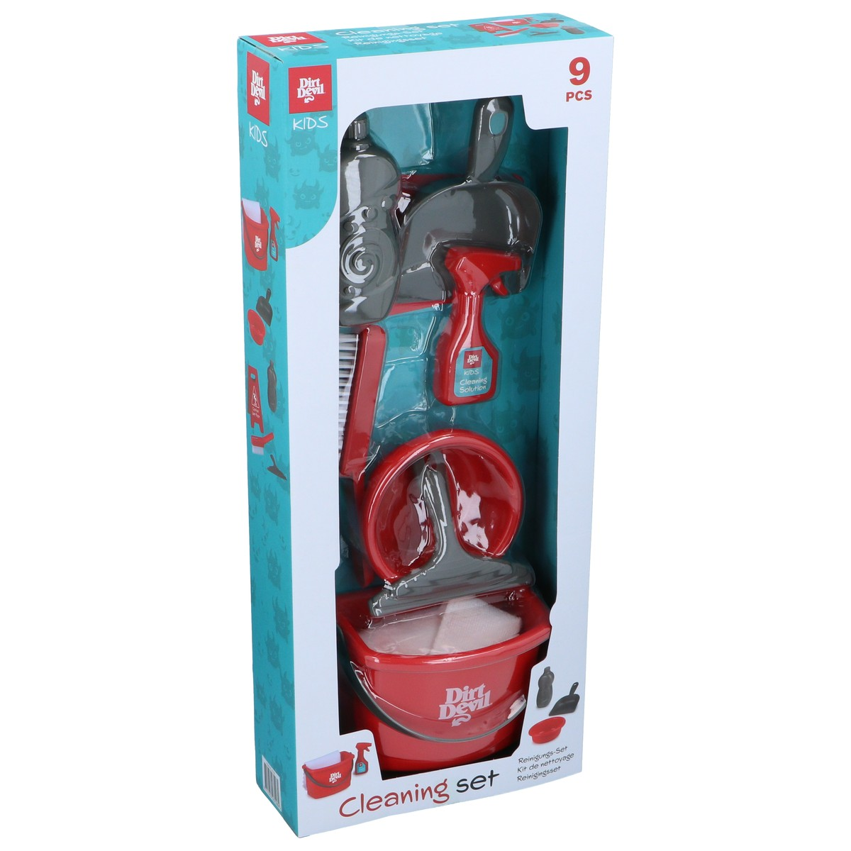 Packaging of a kids' cleaning set with bucket, spray bottle, brush and mop.