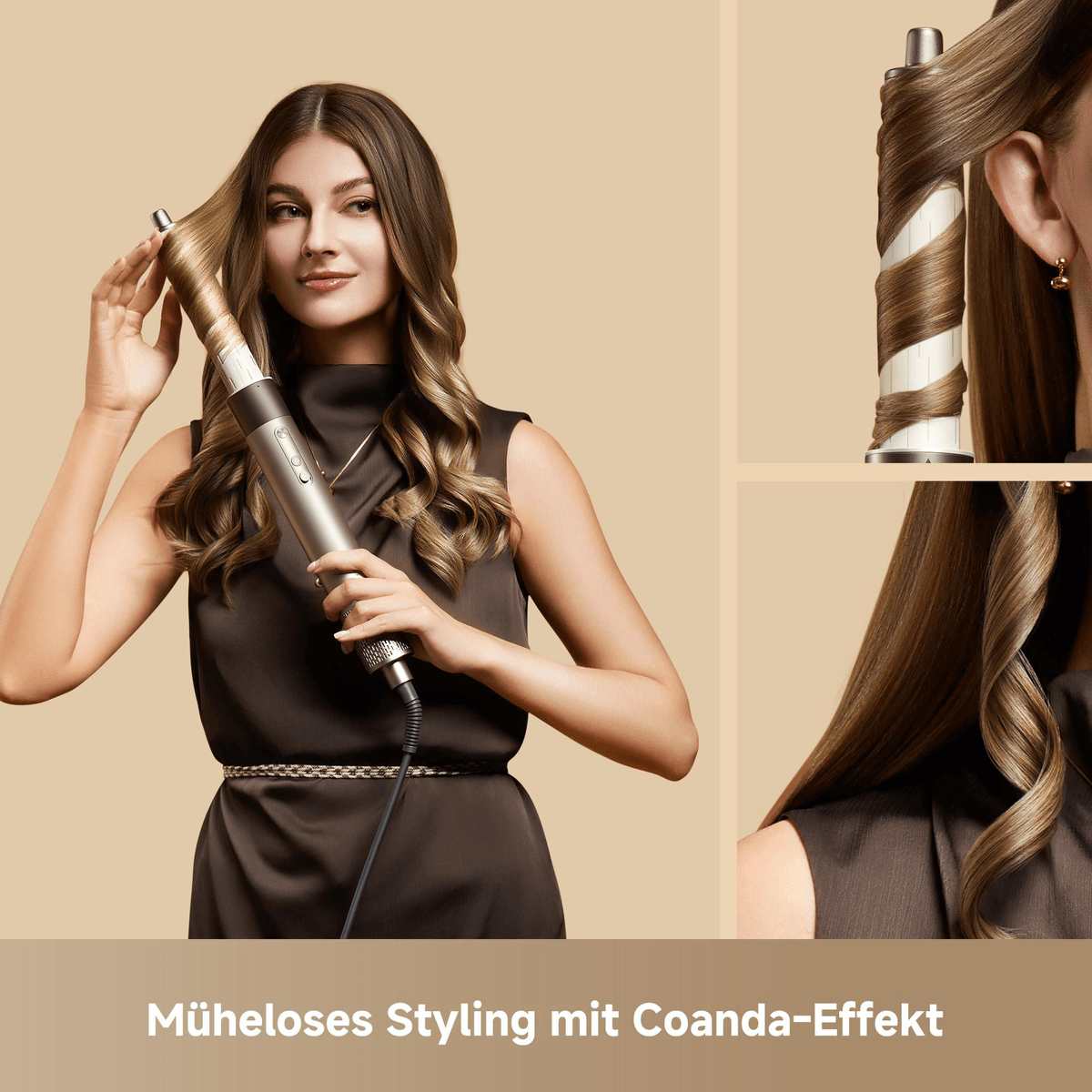 Una donna si acconcia i capelli castani con uno strumento per capelli argentato su sfondo beige.