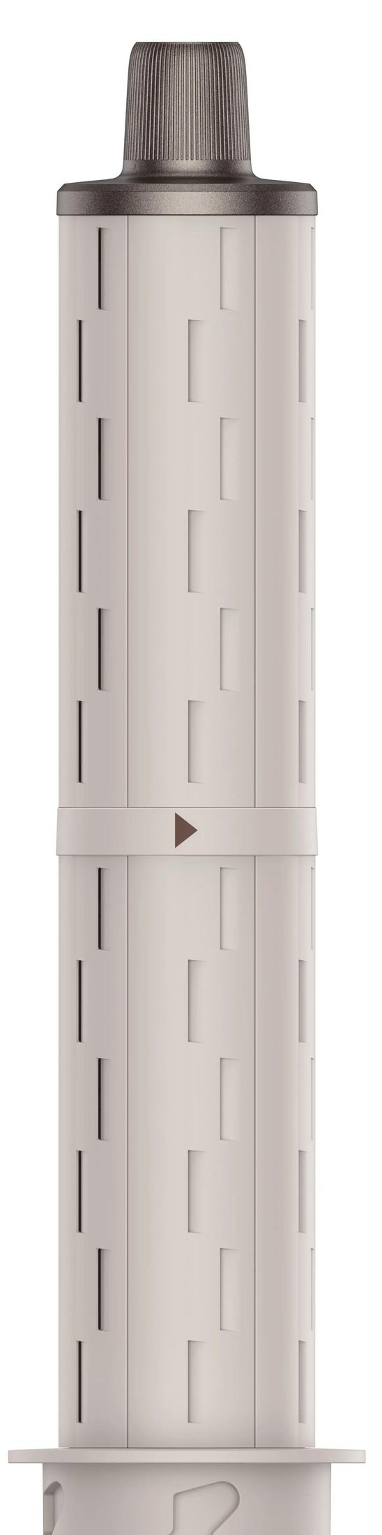 Una cartuccia cilindrica bianca con tappo grigio scanalato e fessure.