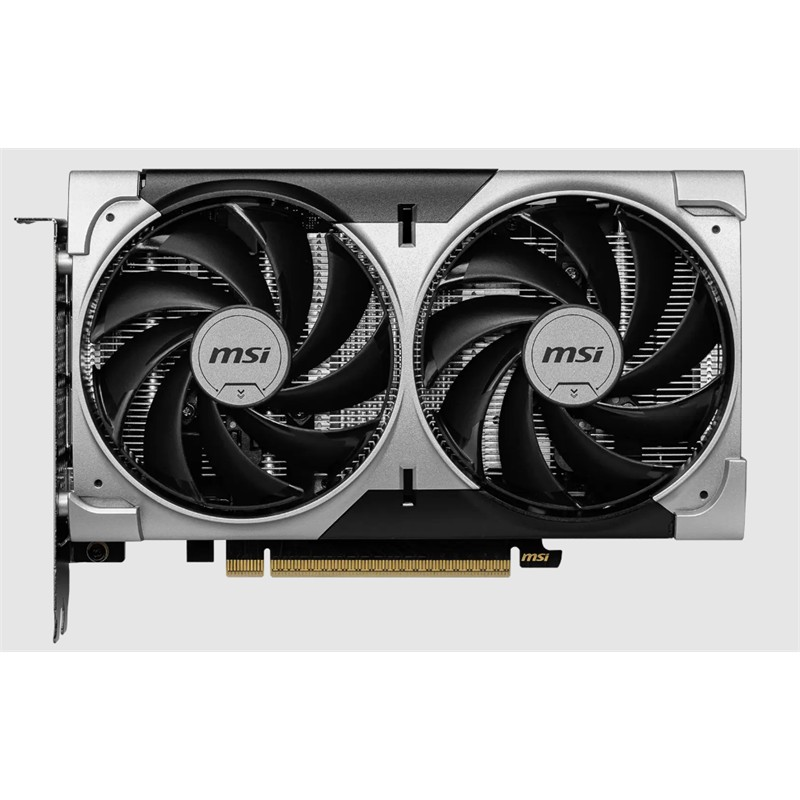 MSI grafik kartı, iki siyah fanlı ve gümüş kasalı. Altta altın rengi konektörler.