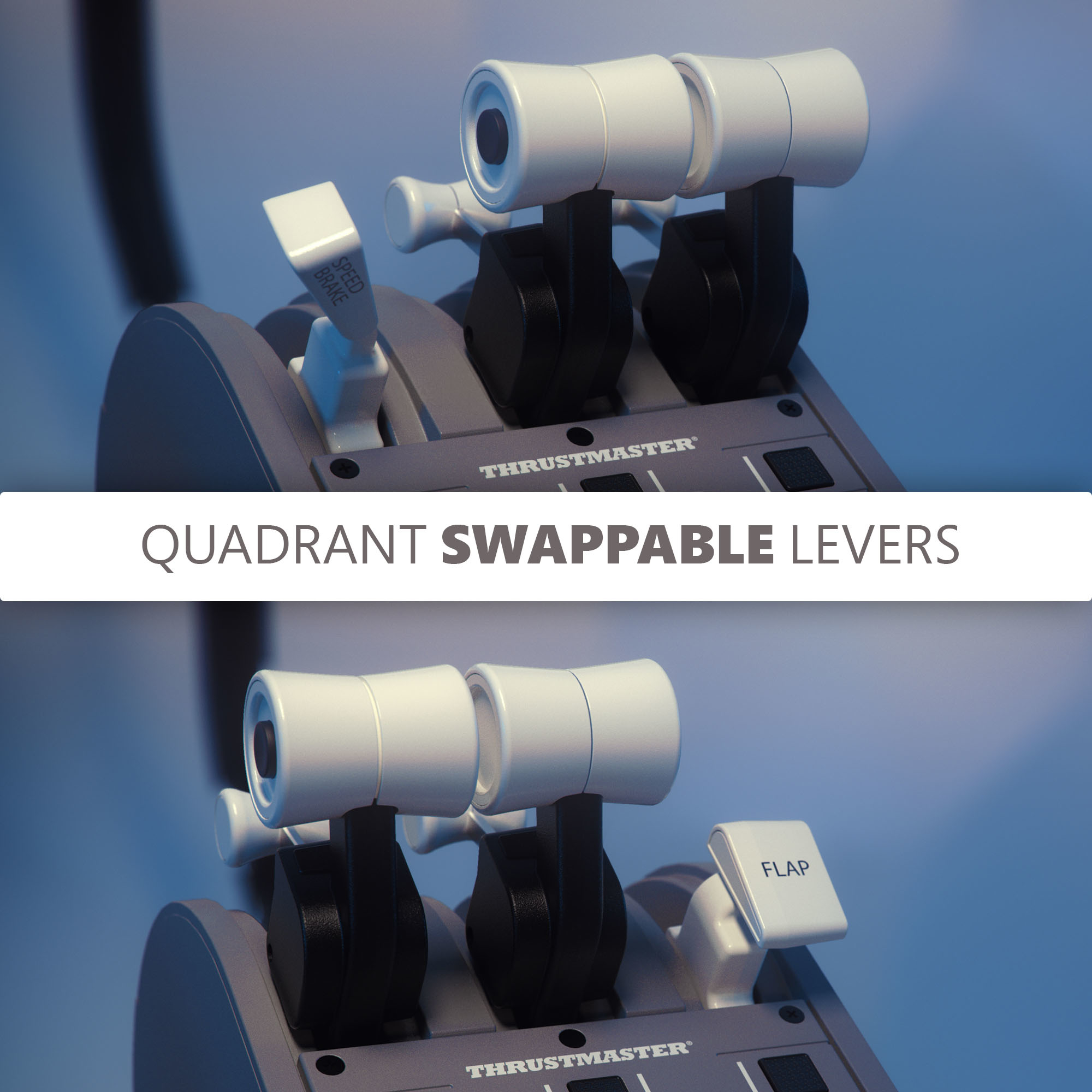Close-up of a Thrustmaster flight simulator throttle quadrant with white levers.