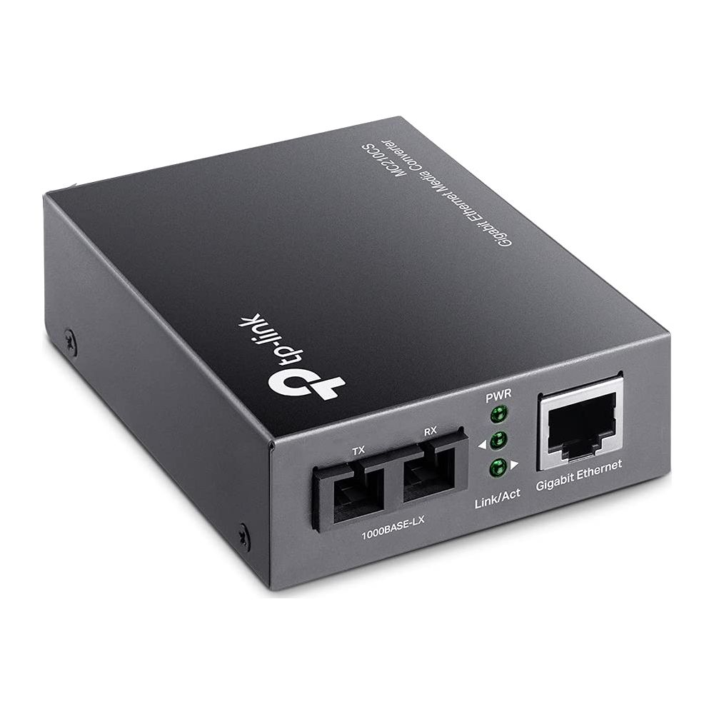 Siyah TP-Link Gigabit Ethernet medya dönüştürücü, bağlantı noktaları ve LED'ler.