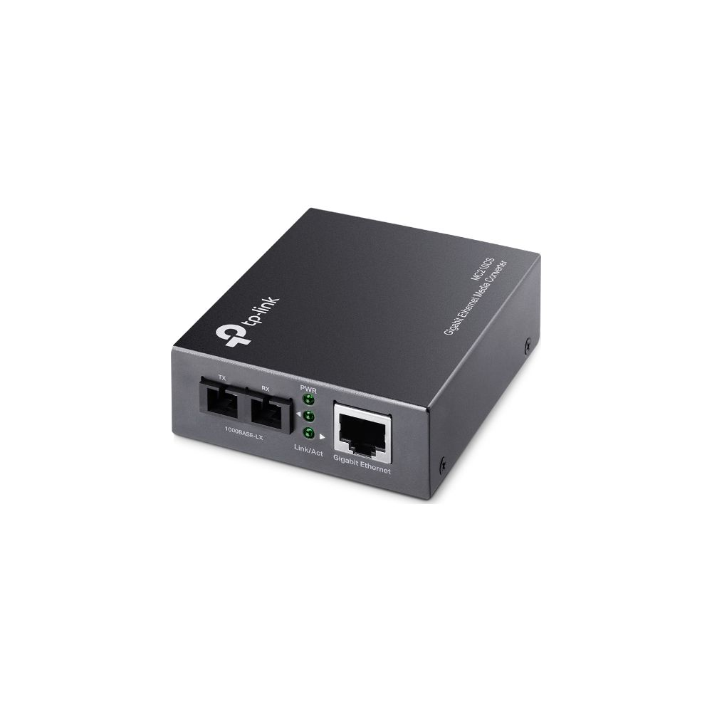 Bağlantı noktalarına sahip siyah bir TP-Link Gigabit Ethernet Medya Dönüştürücü.