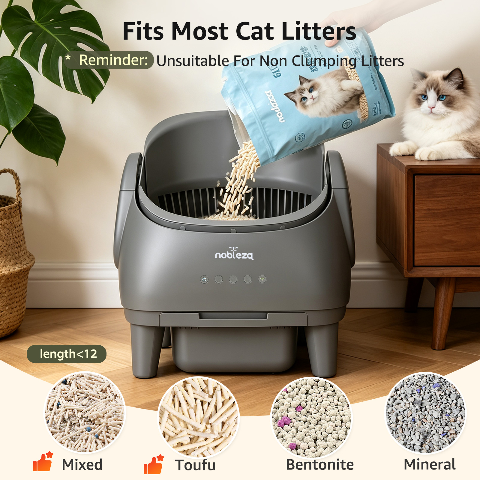 Máquina gris para arena de gato llenándose de arena. Primer plano de 4 tipos de arena.