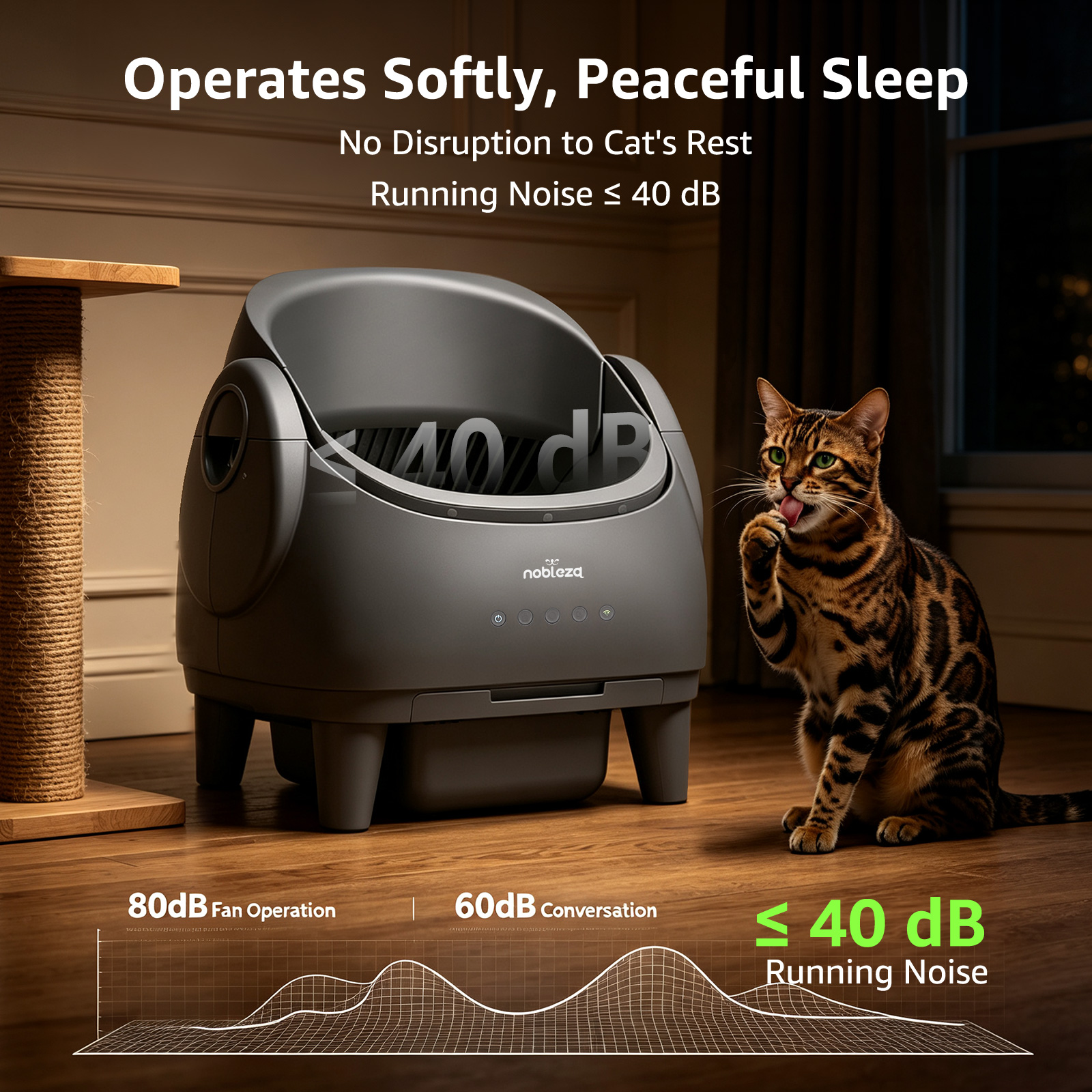 Un gato bengalí se lame la pata junto a un arenero gris que muestra 40dB de ruido.