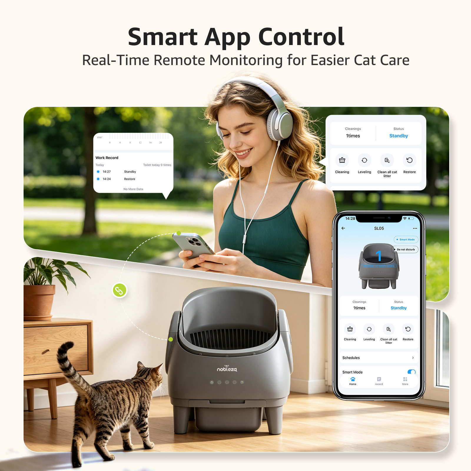 Una mujer con auriculares usa un teléfono inteligente para controlar una caja de arena para gatos.