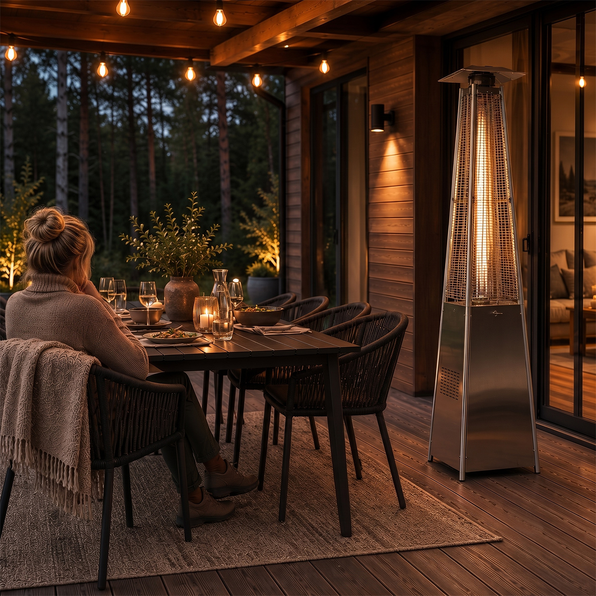 Eine Frau sitzt an einem Tisch auf einer Terrasse mit Heizstrahler und Lichterkette.