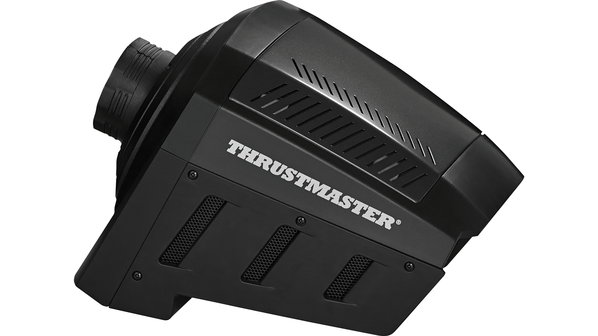 Schwarzer Thrustmaster-Simulator mit Lüftungsschlitzen und einem Anschluss.
