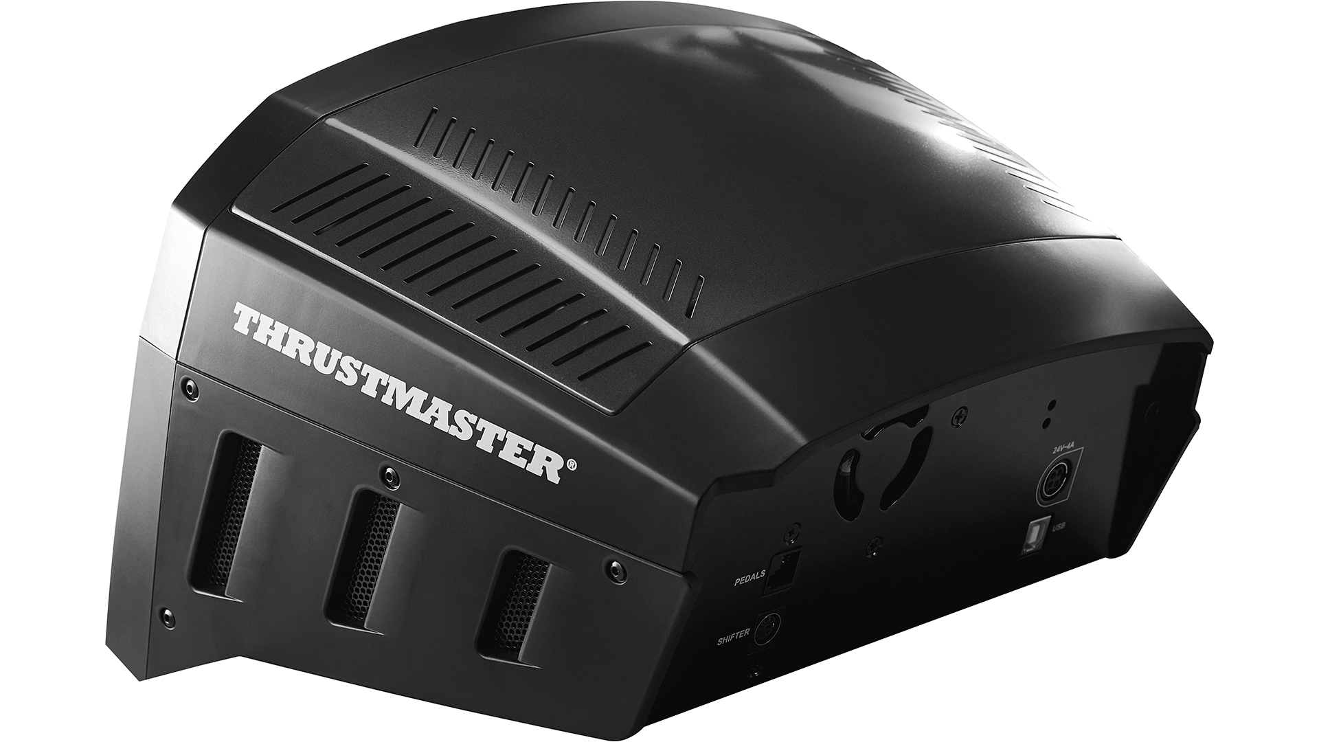 Schwarzes Thrustmaster Lenkradgehäuse mit Lüftungsschlitzen und Anschlüssen.
