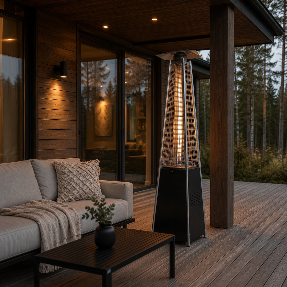 Eine Terrasse mit Sofa, Tisch, Heizstrahler und Wald im Hintergrund.