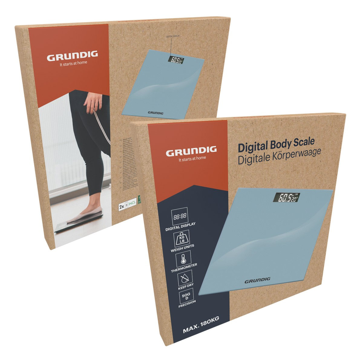 Two Grundig body scale boxes, one shows a person using a scale.