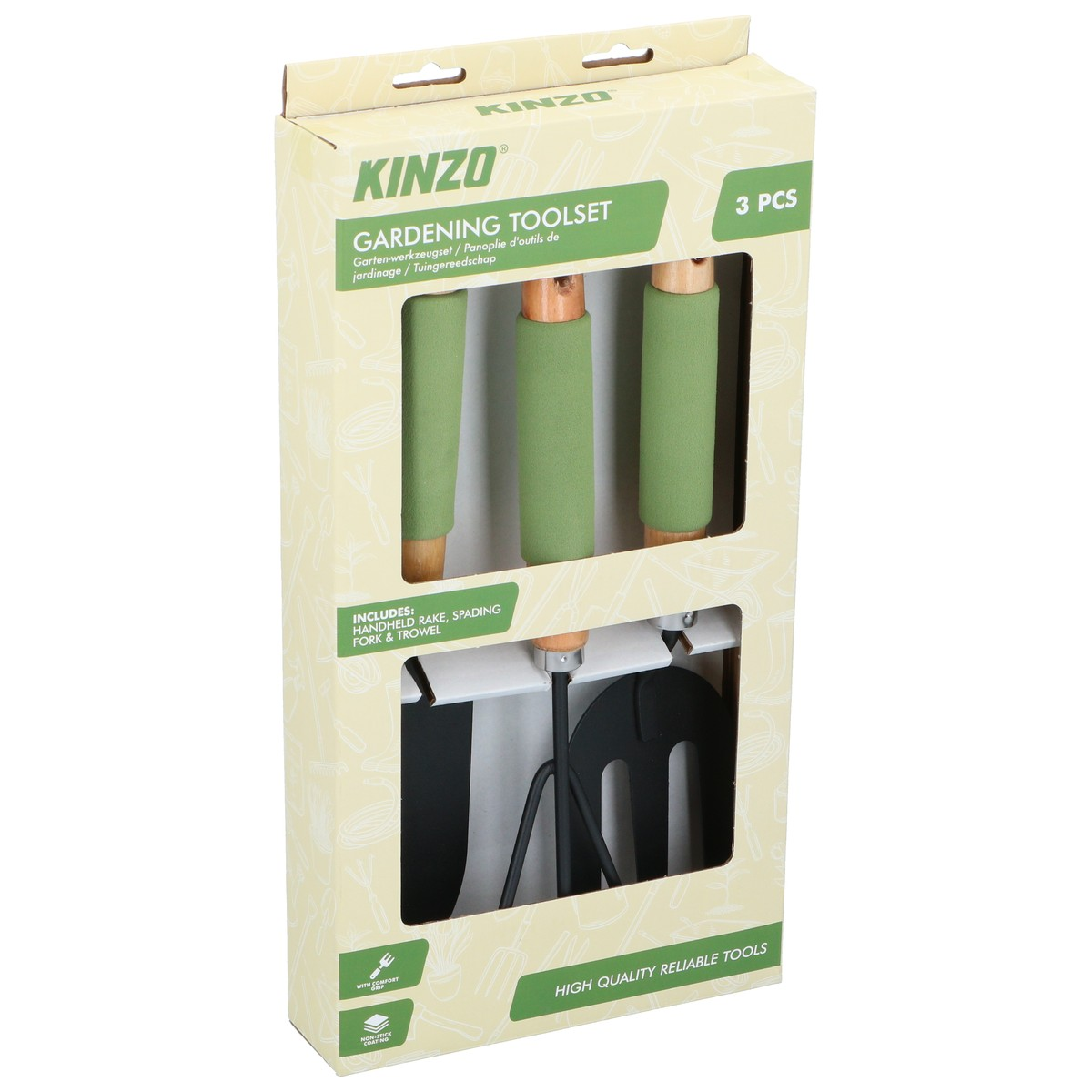 Un set d'outils de jardinage Kinzo 3 pièces : râteau, transplantoir et fourche.