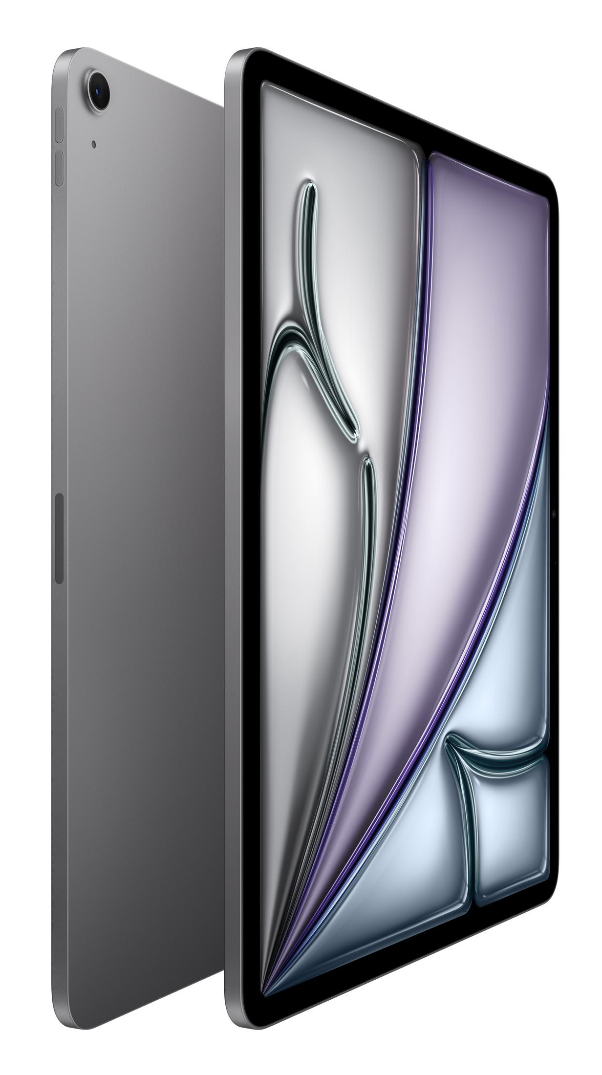 Un tablet grigio con uno sfondo stilizzato sullo schermo.