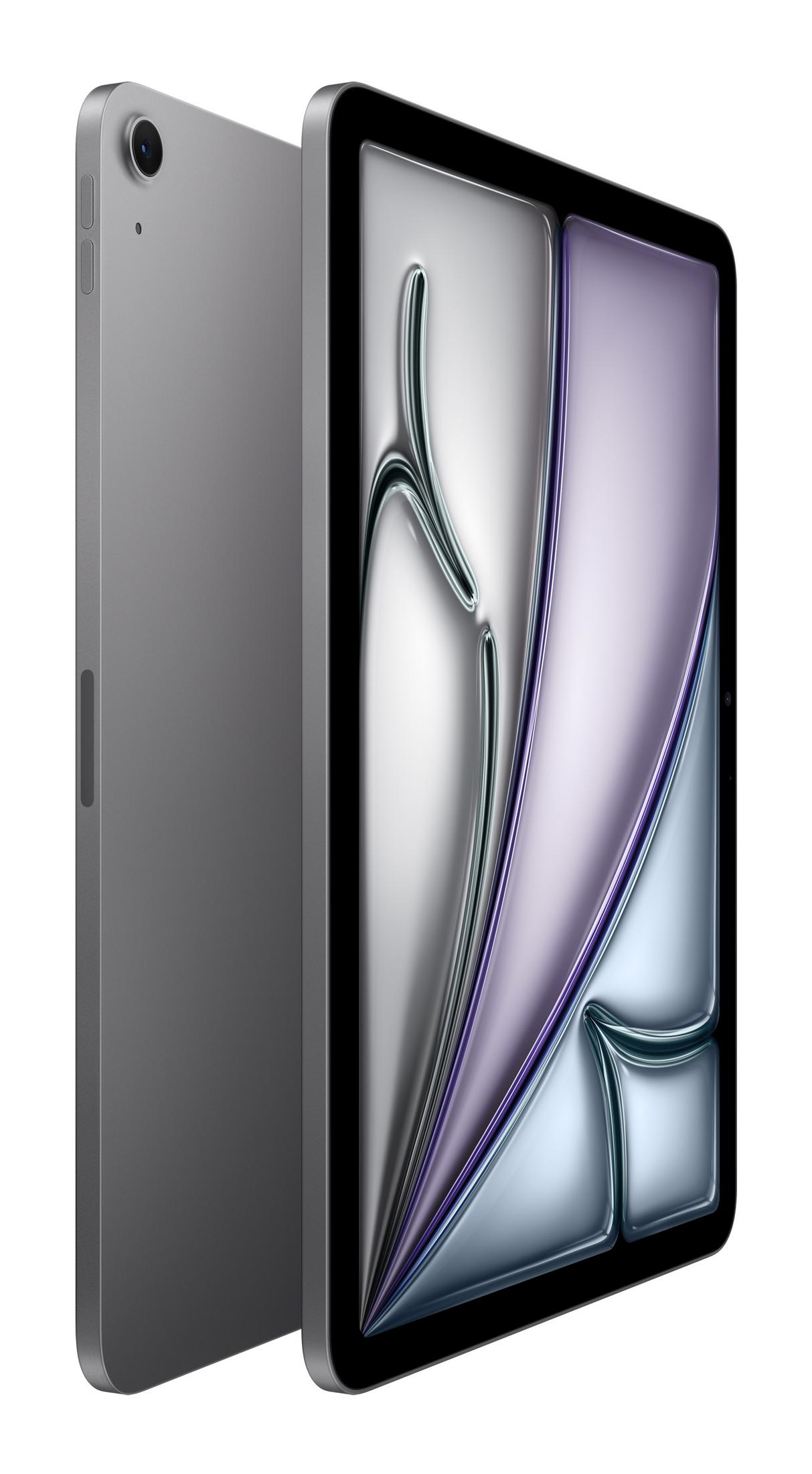 Un tablet argentato con uno sfondo astratto e lucido visualizzato sullo schermo.