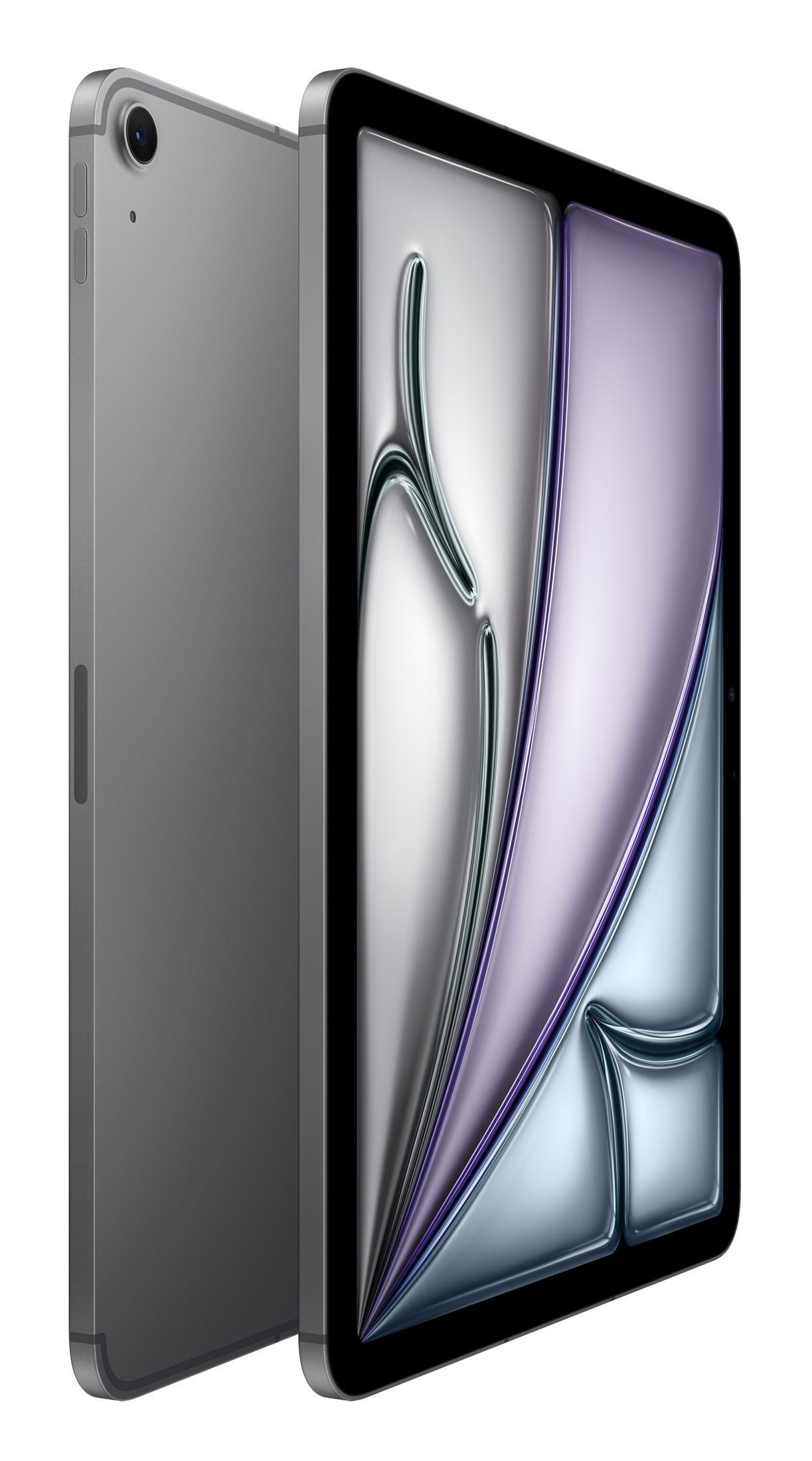 Un tablet grigio, vista fotocamera a sinistra e schermo con motivo a onde viola e argento a destra.