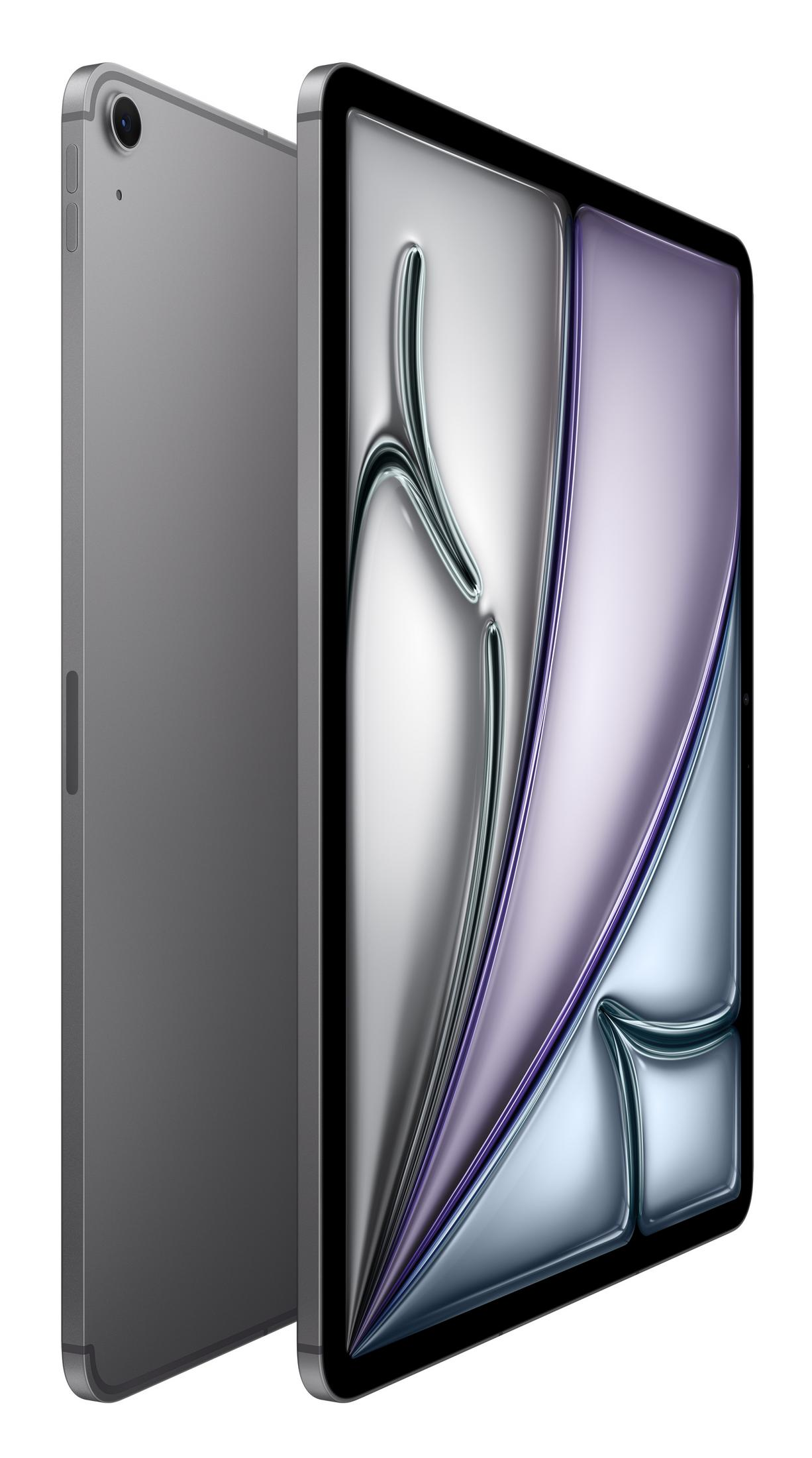 Un tablet grigio con uno sfondo astratto argento-viola sul suo schermo.