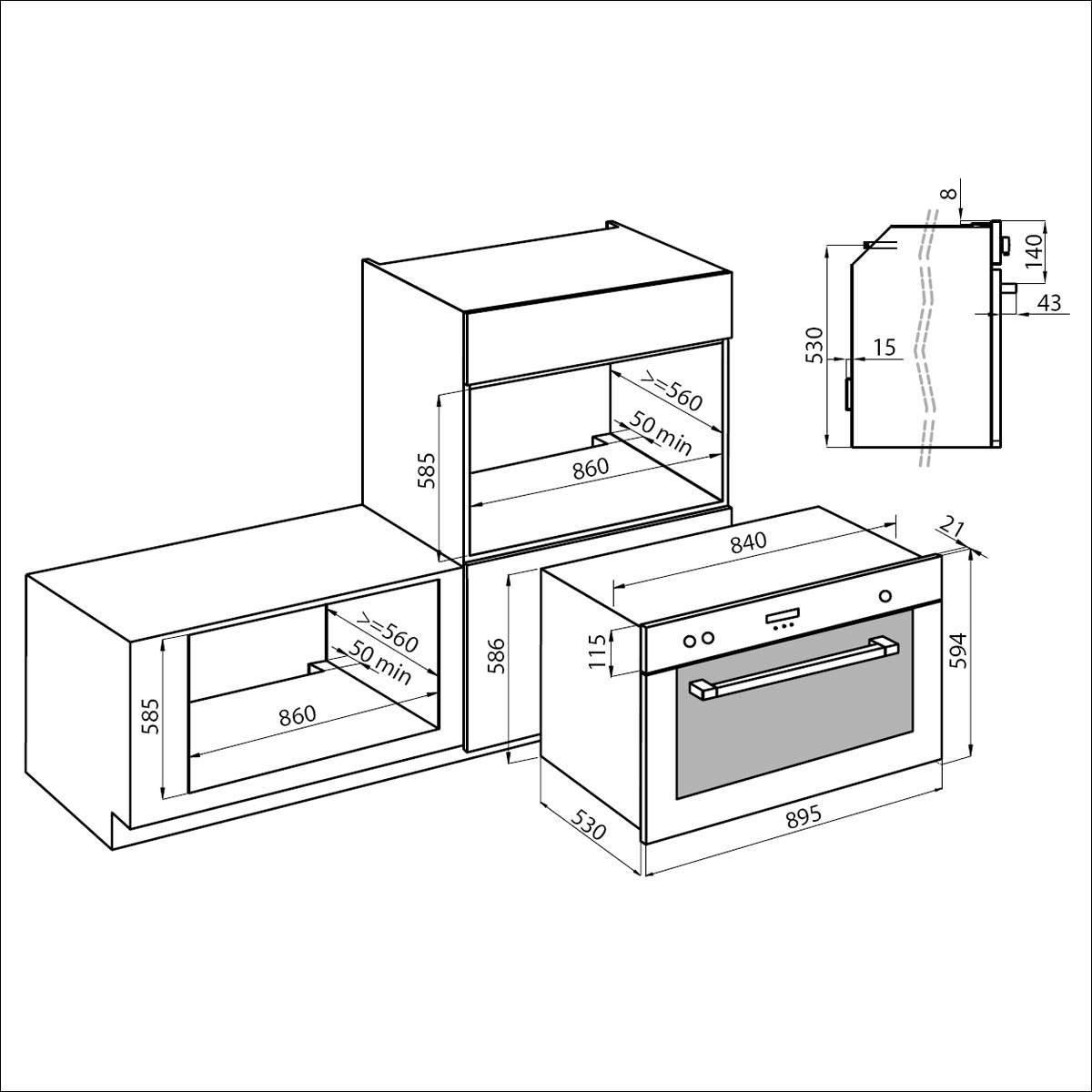 Disegno tecnico di elettrodomestici da cucina con dimensioni. Mostra forni e mobili.