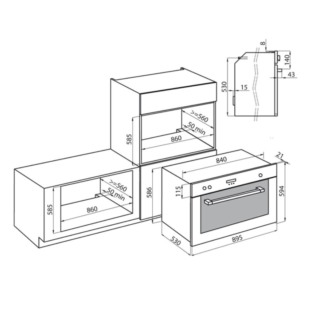 Disegno tecnico di un forno da incasso con dimensioni e dettagli di installazione.