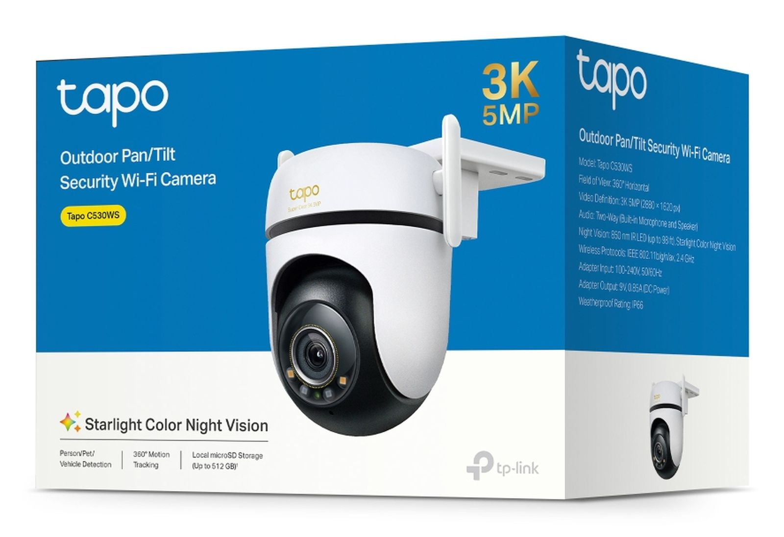 Kamera Wi-Fi Tapo Outdoor Pan/Tilt 3K 5MP na opakowaniu.