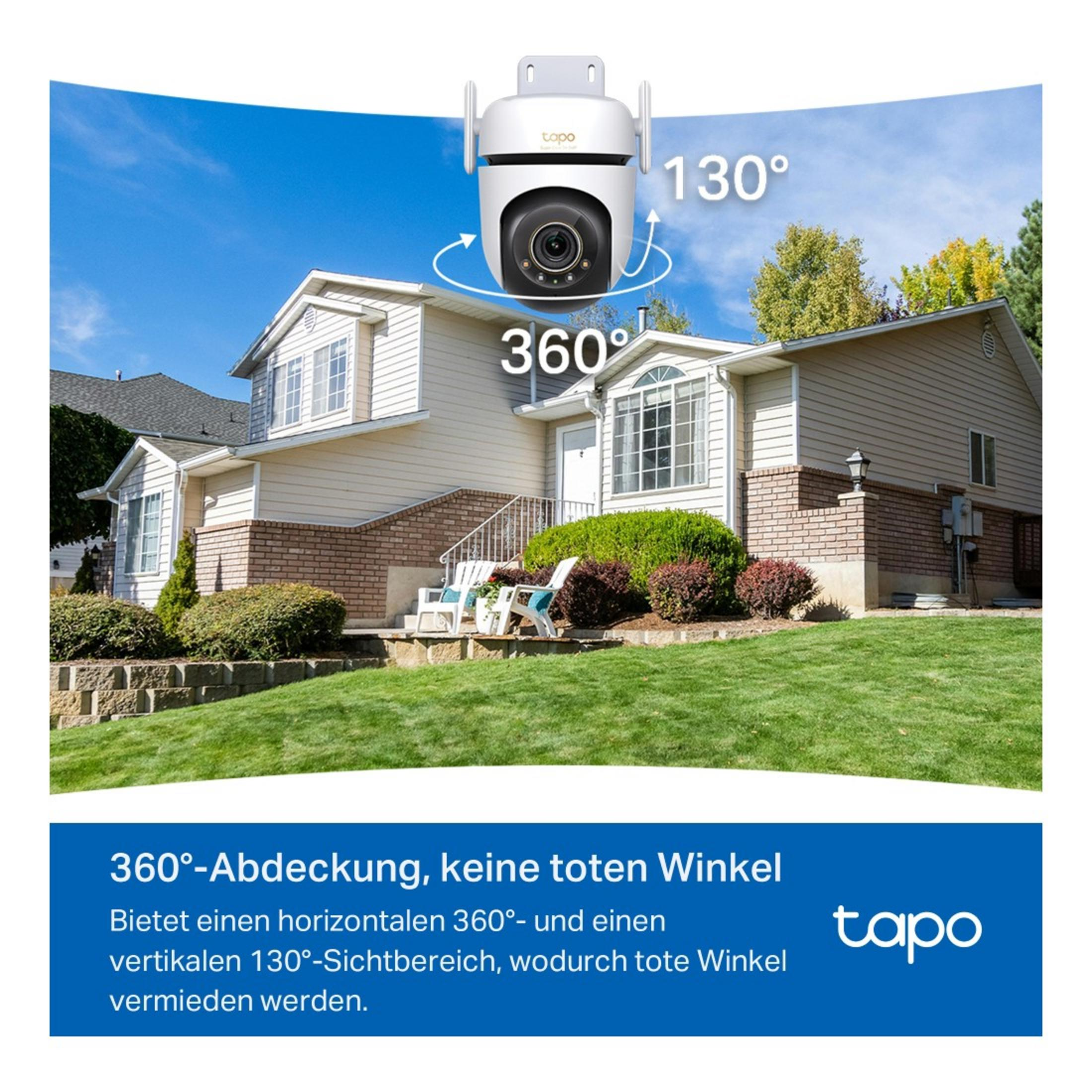 Biała kamera bezpieczeństwa z widokiem 360° przed domem.