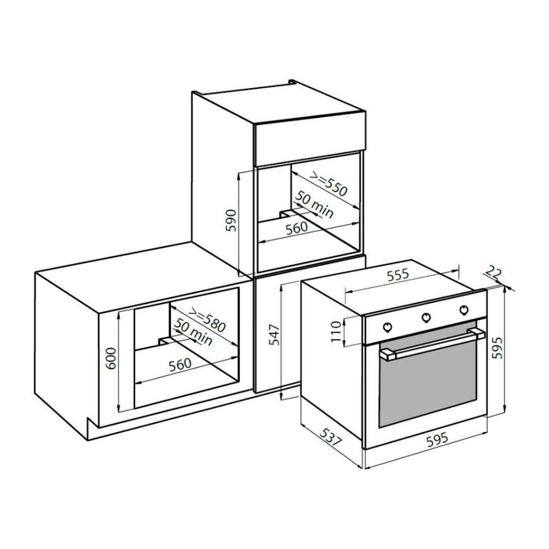 Disegno tecnico di un forno da incasso con dimensioni.