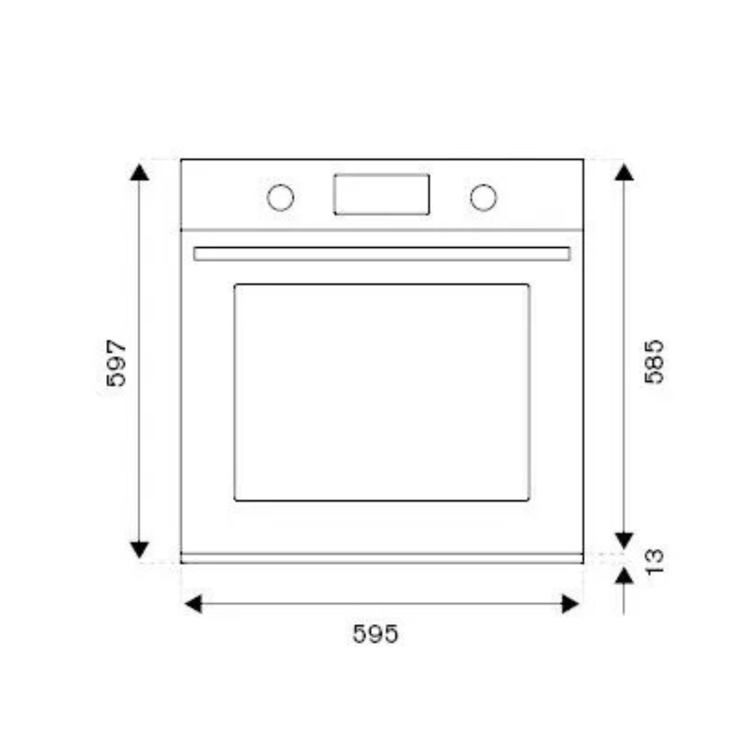Disegno tecnico di un forno da incasso con dimensioni 597x595x585 mm.